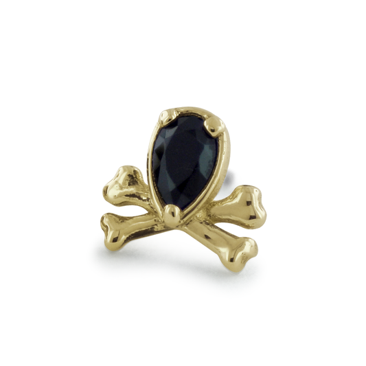 Limited Edition 18K Yellow Gold Halloween Skull and Bones Gem End with Black Pear gem