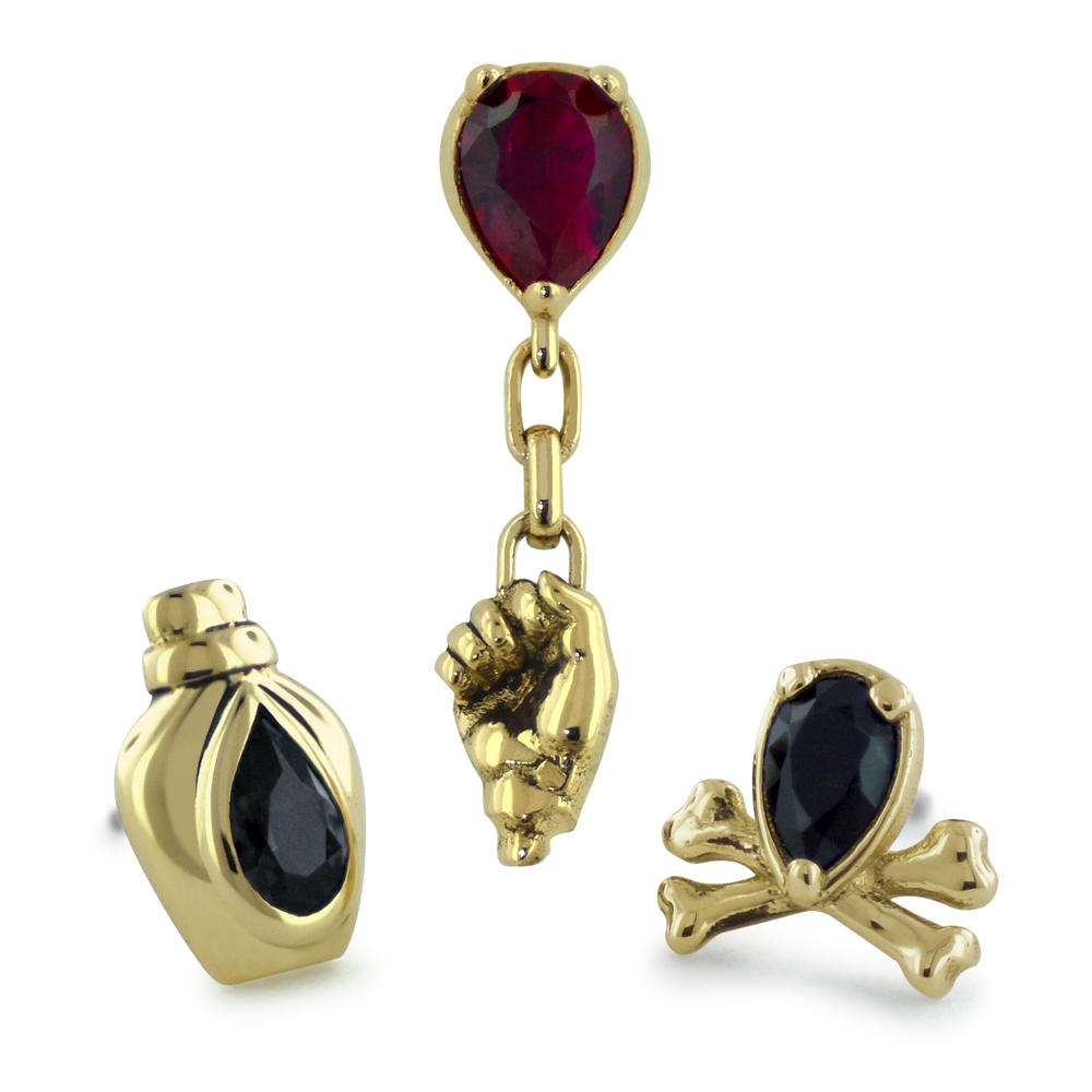 Limited Edition 18K Yellow Gold Halloween collection featuring Poison Bottle, Skull and Crossbones, and Red Balloon Gem Ends with Pear Gems