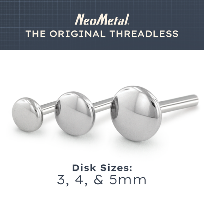 16 Gauge Titanium Threadless Labrets are available with 3mm, 4mm, and 5mm Disk Sizes