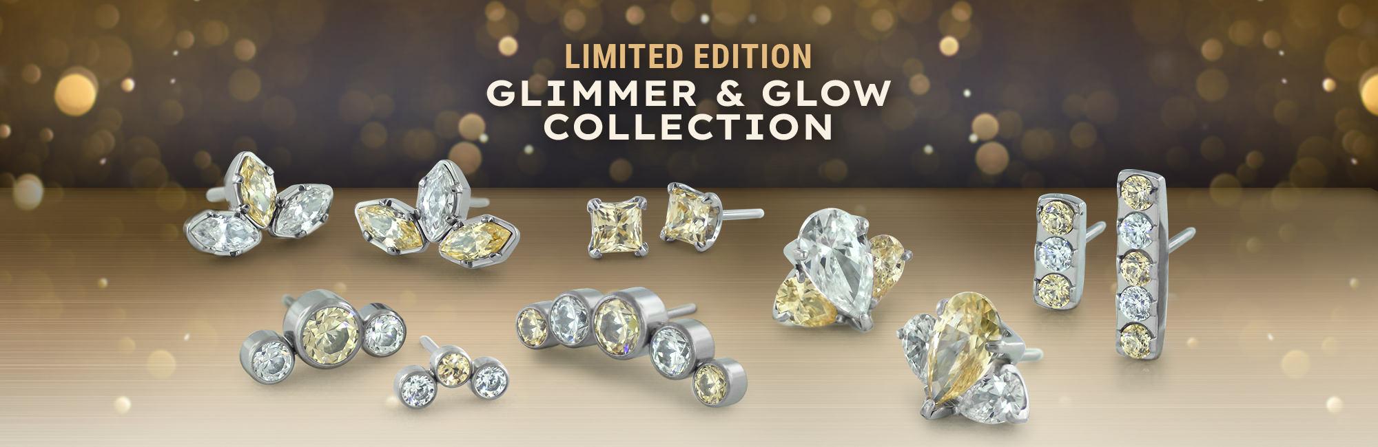 Glimmer and Glow Holiday Collection, featuring Petite Clusters, Curved Clusters, Marquise Fans, Pear Fans, Gem Bars, and Princess Ends