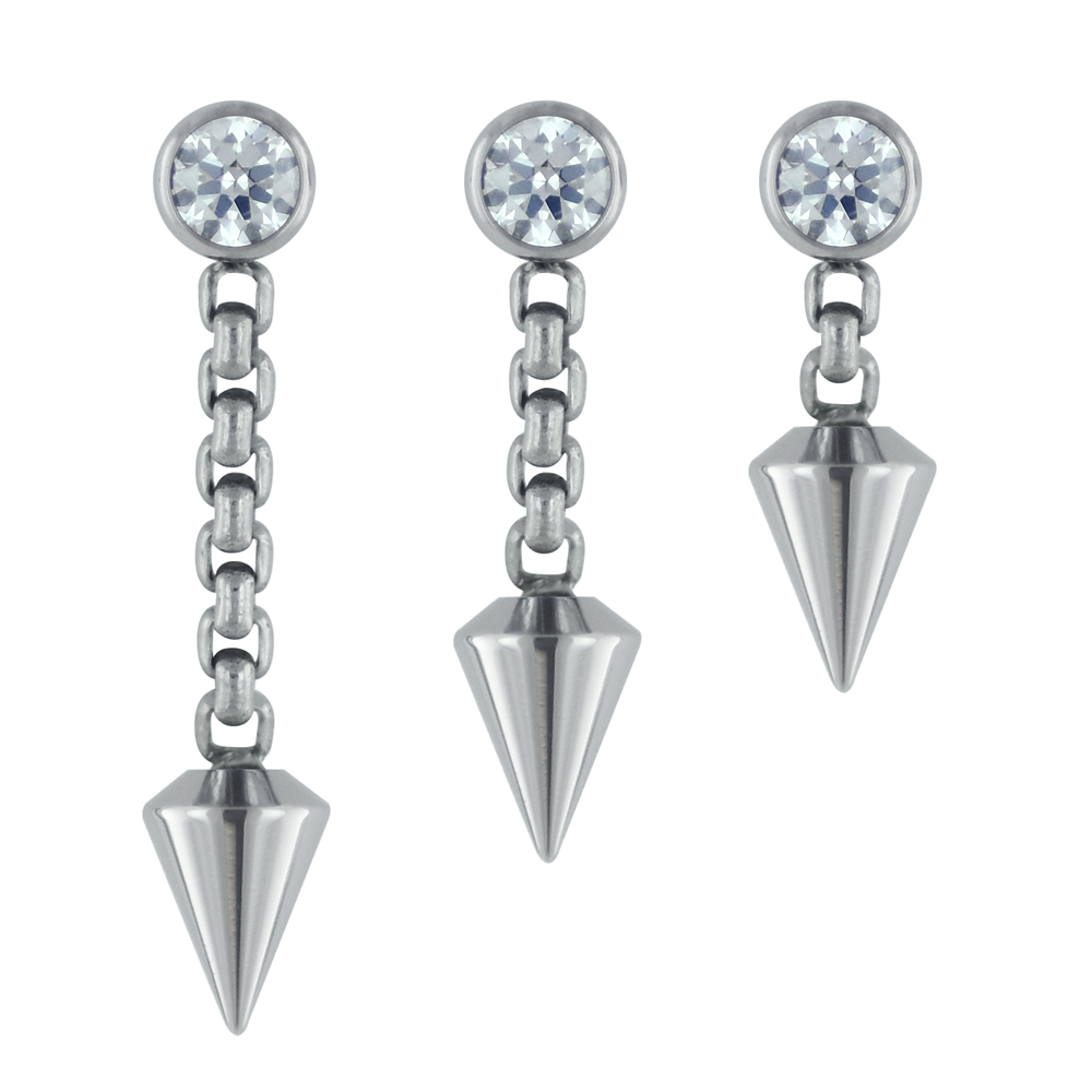 Three chain lengths for our Titanium Spear Dangle, featuring a 3mm bezel set faceted gem at the top and a 4mm spear at the bottom