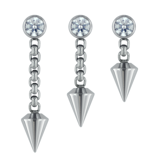 Three chain lengths for our Titanium Spear Dangle, featuring a 3mm bezel set faceted gem at the top and a 4mm spear at the bottom