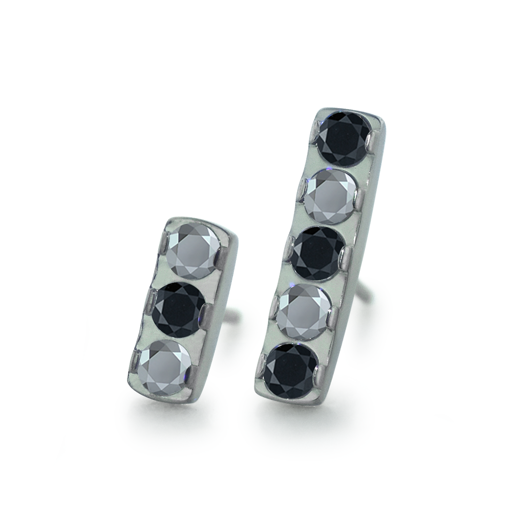 Threadless Titanium 3 and 5 Gem Bars with Light Chrome and Black gems