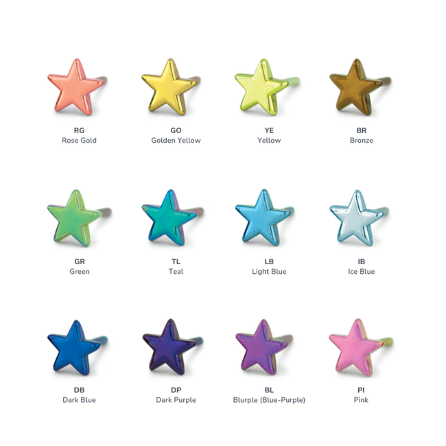 Titanium Threadless Star Ends featuring the different Anodization colors available for the product. Available colors are Rose Gold, Golden Yellow, Yellow, Bronze, Green, Teal, Light Blue, Ice Blue, Dark Blue, Dark Purple, Blurple (Blue-Purple), Pink